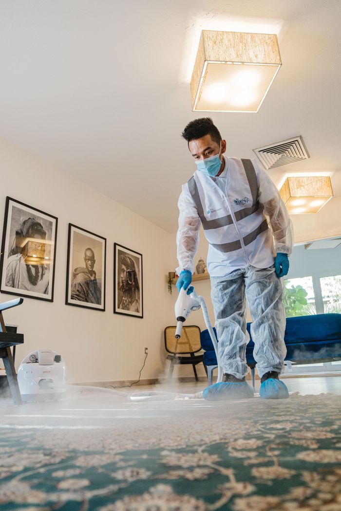 services-03 A professional in protective gear steam cleans carpet indoors, maintaining hygiene.